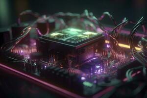 computadora pastilla semiconductor en tarjeta madre futurista ciber neón Encendiendo, generar ai foto