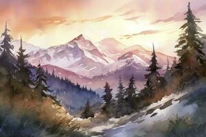 Paint a watercolor landscape of a mountain range with snow-capped peaks, featuring a vibrant sunset sky and intricate details of rocks and trees, generate ai photo