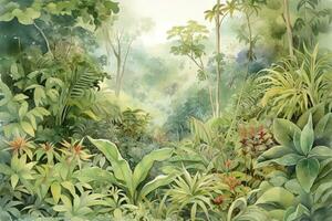 Paint a watercolor landscape of a lush tropical jungle, featuring detailed vegetation and wildlife, such as monkeys, toucans, and exotic flowers, generate ai photo
