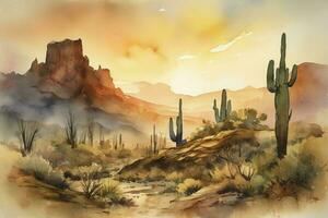 Paint a watercolor landscape of a desert scene with towering rock formations, intricate cacti, and a dramatic sunset sky, generate ai photo