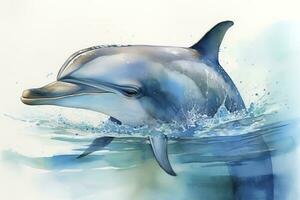 Paint a playful dolphin jumping out of the water watercolor painting, beautiful natural forms, crisp clean shapes, colorful, white background, generate ai photo