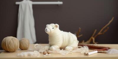 Stuffed animal sits on a table with a yarn photo