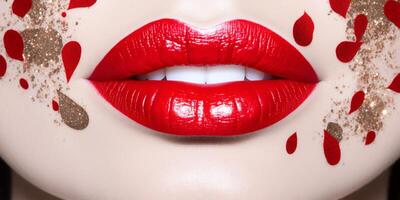 Red lips with glitters and the word lipstick photo