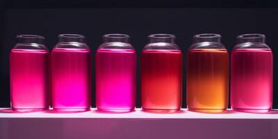 fila de vasos de precipitados con diferente colores en eso ai generado foto