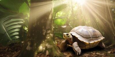 A tortoise in the jungle with a sunshine photo