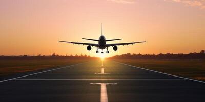 Plane on a runway with sky in the background photo