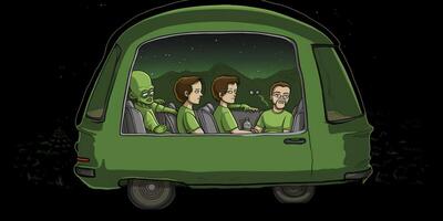 Aliens are sitting in the car with man photo