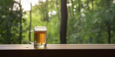 jarra de cerveza en el bosque casa ai generado foto