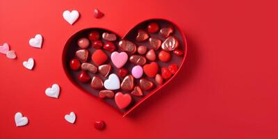 A red background with a heart shaped and candy photo