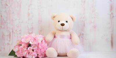 osito de peluche oso con rosado flores y rosado vestir ai generado foto