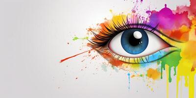 Rainbow colored eye with paint splatters photo