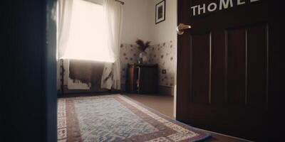 un habitación con un alfombra ai generado foto