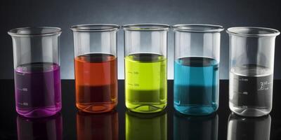 Row of beakers with different colors in it photo