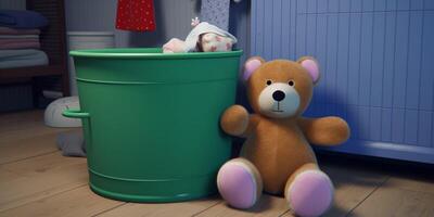 Teddy bear is sitting next to bathroom accessories photo