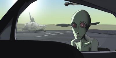 Aliens sits in a car with a plane in background photo