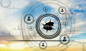 Digital illustration of a plane starting, with data processing, business and distribution during the Coronavirus Covid-19 pandemic photo