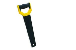 new Hand saw with yellow plastic handle isolated on a white background photo