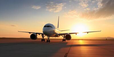 Plane on a runway with sky in the background photo