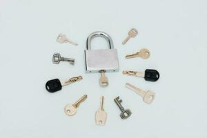 padlock with a key in the well surrounded by different keys on a gray background photo