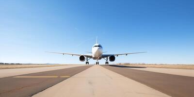 Plane on a runway with sky in the background photo