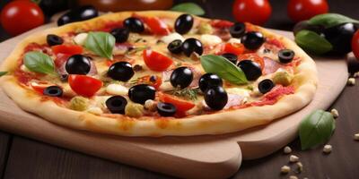 A pizza with tomatoes and olives Ai generated photo