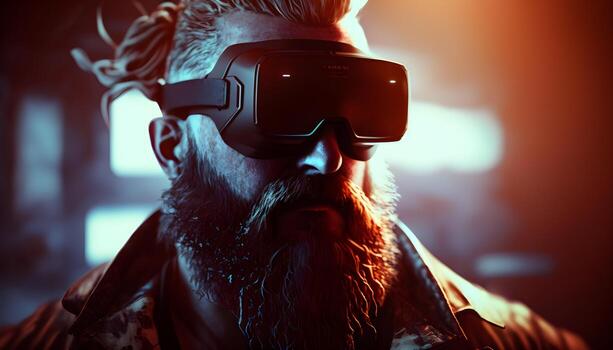 Futuristic man wearing wirtual reality headset at cyber space background. Metaverse concept. Player character in computer game interface.Created with photo