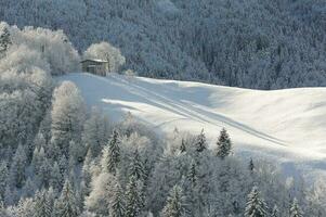 Cottage in the mountains in snow photo