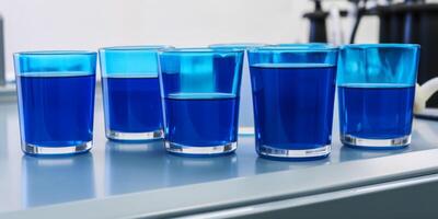 Row of beakers with blue liquid in them photo