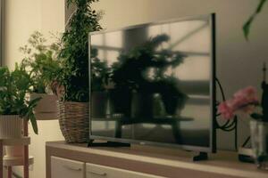 un televisión en un gabinete en un vivo habitación con un planta en el mesa. foto