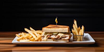 Sandwich with fries and sauce photo