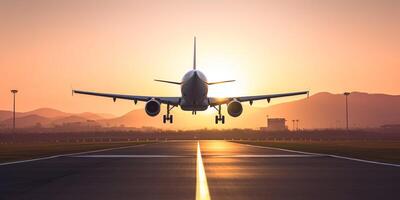 Plane on a runway with sky in the background photo