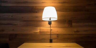 de madera mesa en restaurante con lámpara ai generado foto