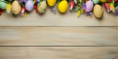 Wooden frame with colorful easter eggs photo