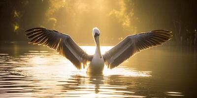 Pelican stands over the water photo