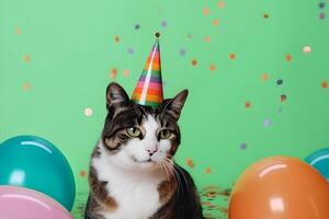 Cat wearing a party hat on green background with the balloons and confetti. AI generated. photo