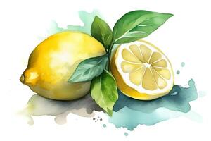 Watercolor painting of ripe lemons on white background. . photo