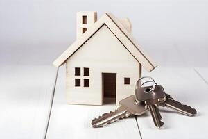 A model of small wooden house and keys on white background. Concept of buying real estate. . photo