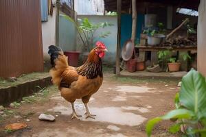 Chicken walking in the yard. Agriculture and farming. . photo