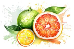 Watercolor painting of ripe citrus fruits on white background. . photo