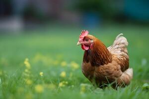 Chicken on the grass with copyspace. Agriculture and farming. . photo