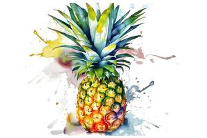 Watercolor pineapple with colorful splashes on white background. . photo