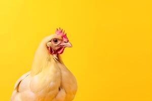 Chicken on yellow background with copyspace. Agriculture and farming concept. . photo