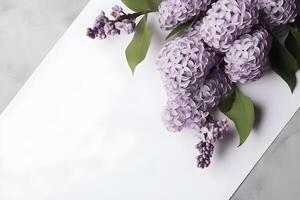 Lilac flowers sprig and a sheet of paper on gray background, copy space, top view. . photo