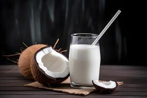 Coconut milk cocktail with a piece of coconut on dark background. . photo