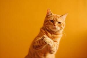 Funny ginger cat with raised front paws on orange background, copy space. . photo