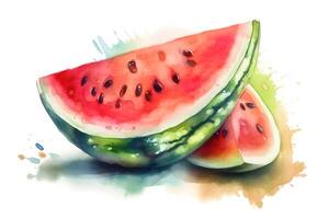 Ripe watermelon on white background with color splashes, watercolor illustration. . photo