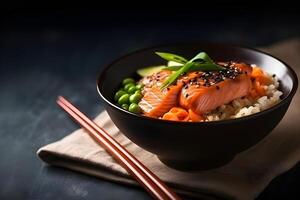 Poke bowl with salmon, rice and vegetables with chopsticks on black background. AI generated. photo