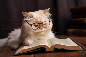 mullido gato en el lentes leyendo un libro en de madera mesa. ai generado. foto