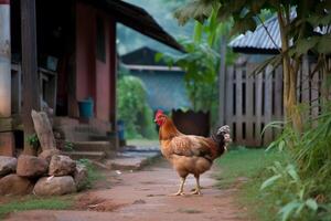 Chicken walking in the courtyard of the house. Agriculture and farming. . photo