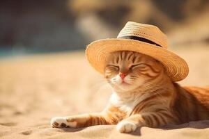 Funny cat in a hat lies on the sand on the beach on a sunny summer day. Recreation and vacation concept. AI generated. photo
